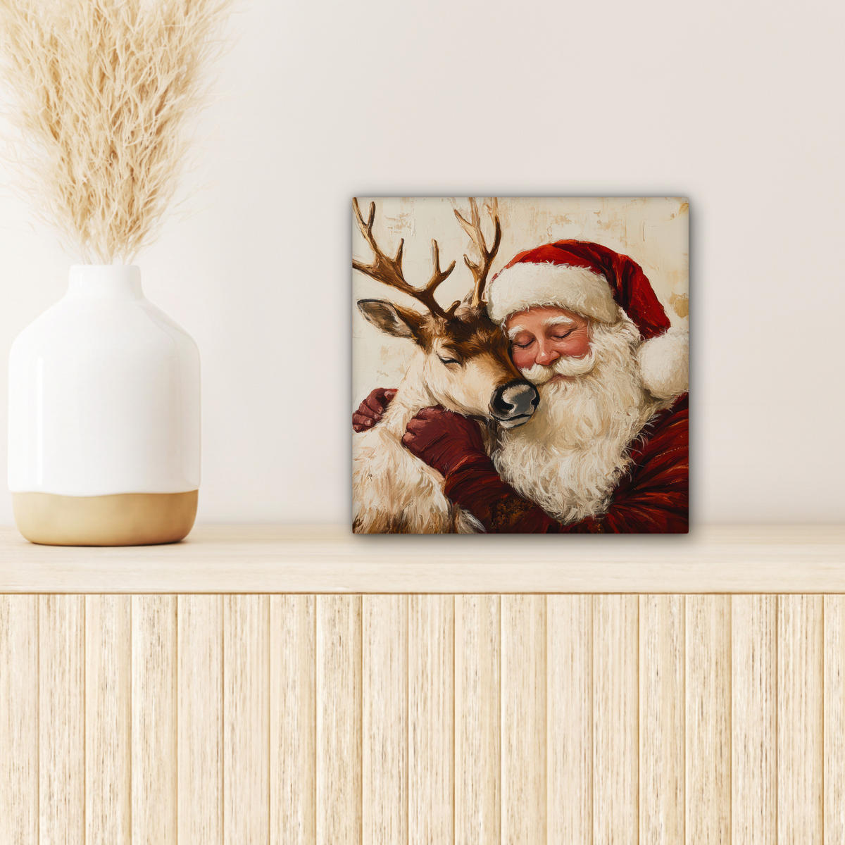 LEINWANDBILD Weihnachtsmann - Rentier - Weihnachten 20x20 cm - Rotbraun, Textil (20/20cm) - MuchoWow