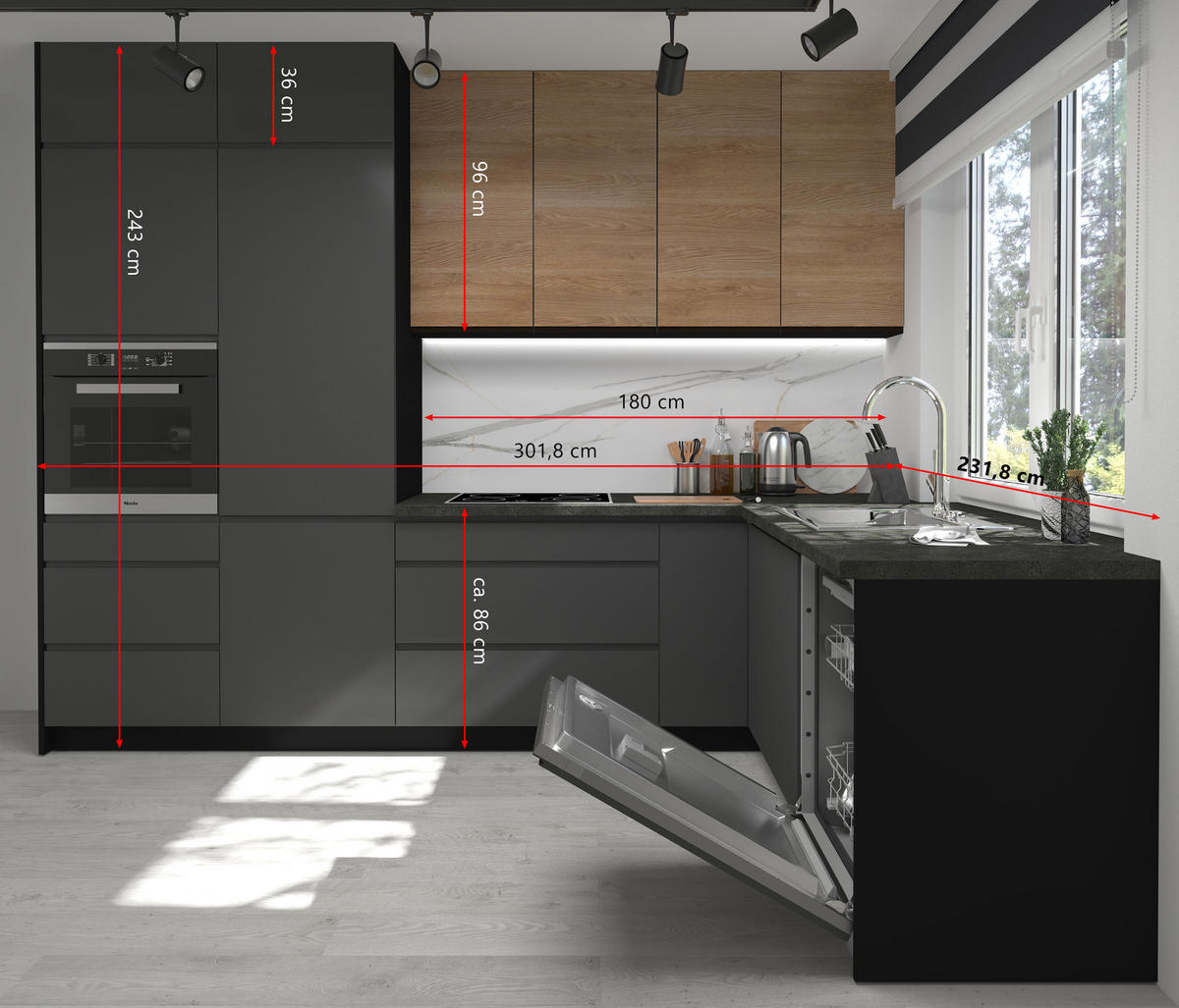 WINKELKÜCHE Avellino schwarz / Acryl graphit matt & Pembroke - schwarz matt, Arbeitsplatte District Dark 301,8 / 231,8 / 243cm 10-teilig - Graphitfarben/Braun, Holzwerkstoff (302/243/232cm) - Feldmann-Wohnen