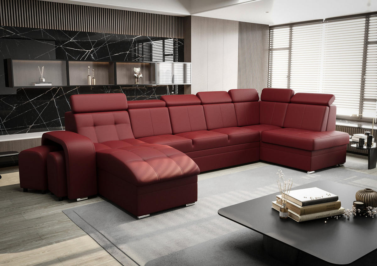 WOHNLANDSCHAFT KONGO RBN13, Eckcouch in U-Form mit Schlaffunktion, Farbe: Rot, Kunstleder, Ottomane Links - Rot, Textil (392/108/180cm) - O-Sofa