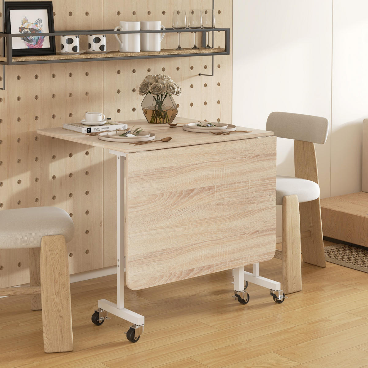 ESSTISCH, Küchentisch mit Rollen, Klapptisch für 4-6 Personen, für Küche, Eiche - Eichefarben, Kunststoff (80/73/120cm) - HOMCOM