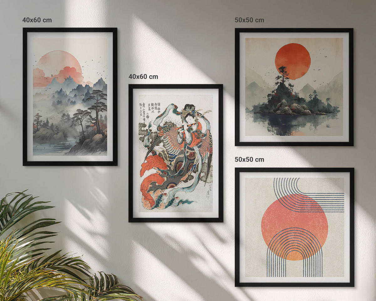 BILDER SET 4er Set - 50x50 cm & 40x60 cm Schwarzer Rahmen - Asiatische Landschaften Japandi - Schwarz, Kunststoff (50/50cm) - TULUP