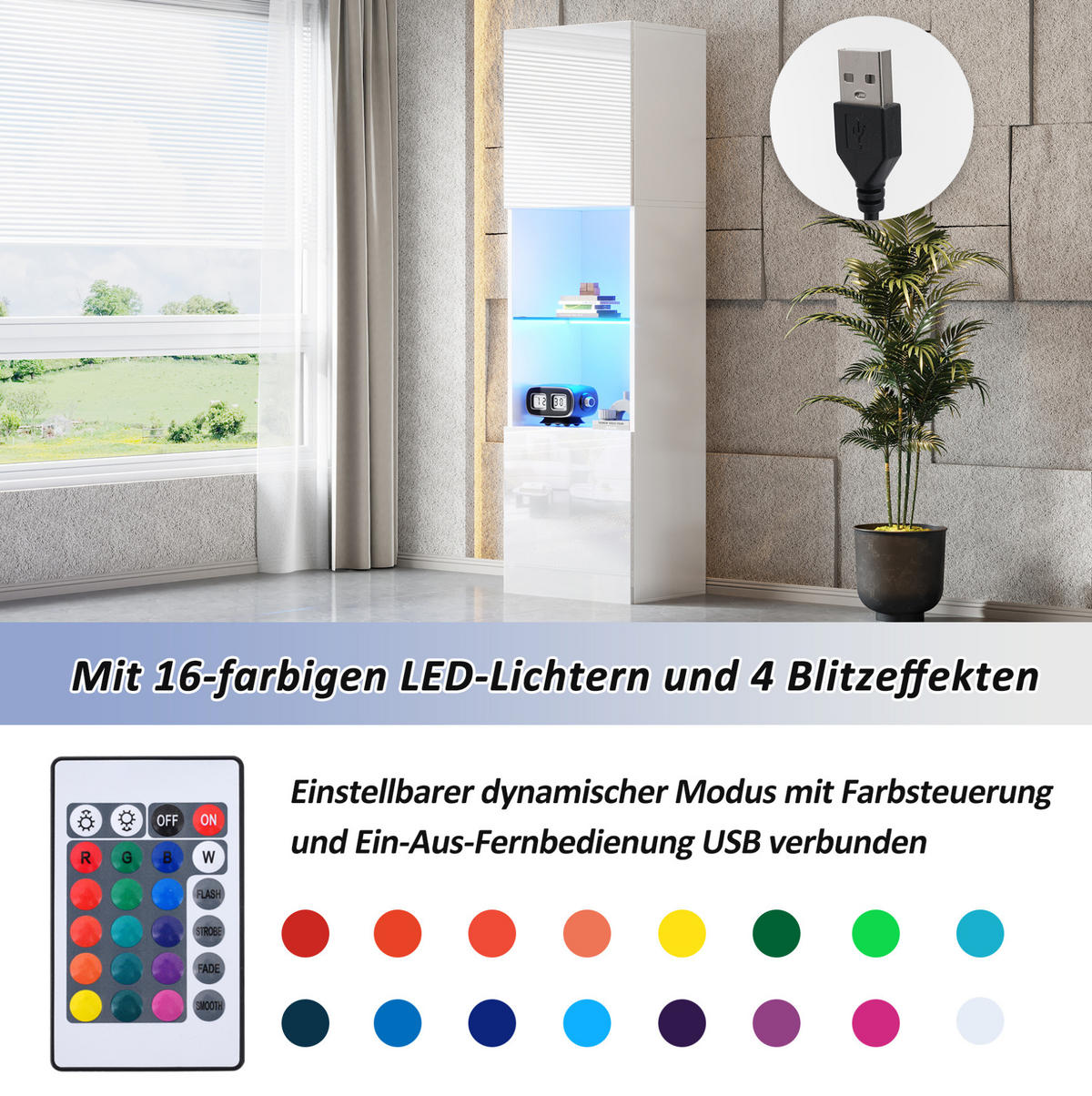 VITRINE 45/35/160 cm mit LED-Beleuchtung, gehärtetem Glas und Anti-Kipp-Sicherung, Weiß - Weiß, Holzwerkstoff (45/160/35cm) - Redom