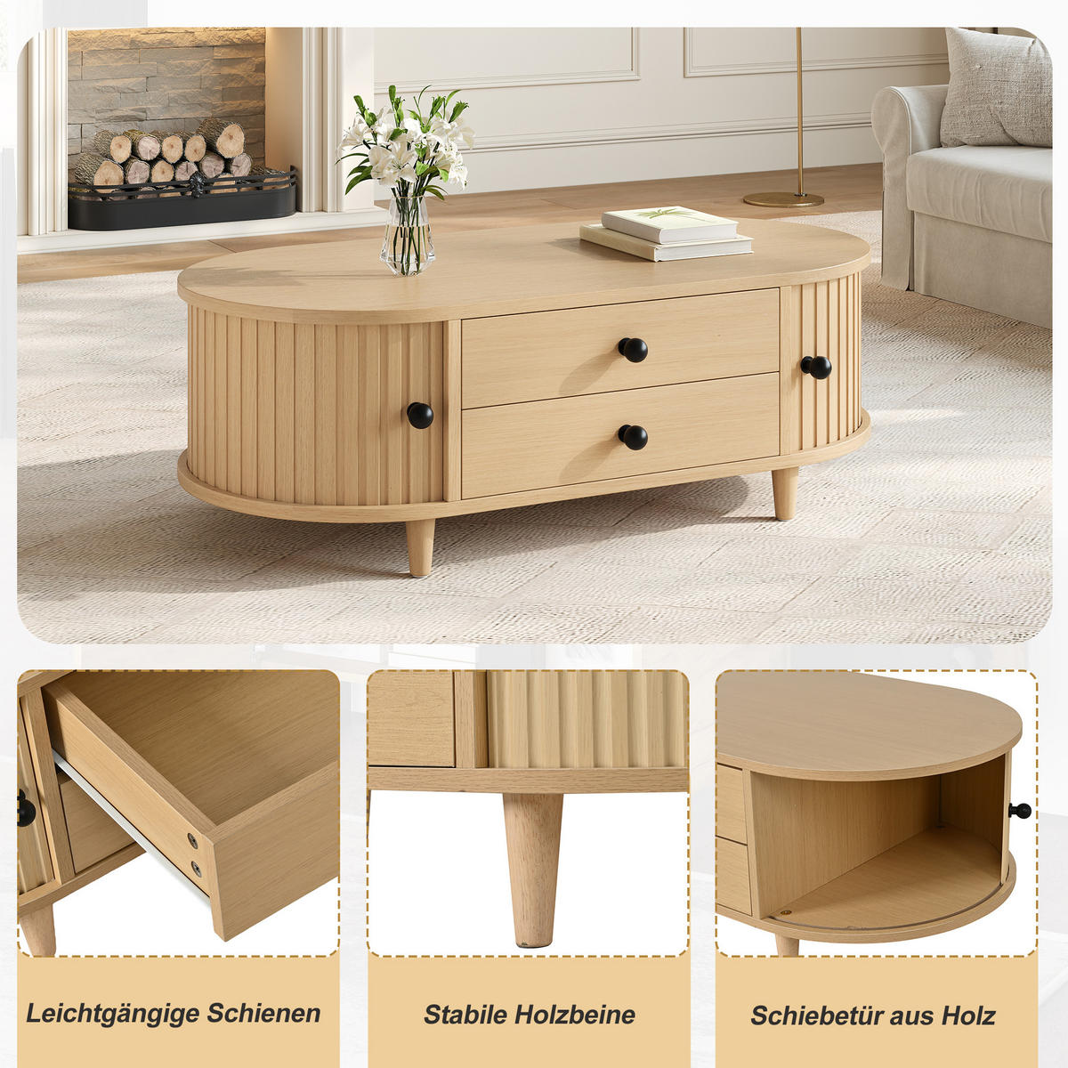 COUCHTISCH in Holzoptik Runder Kaffeetisch mit Rolltüren und Schubladen, Massivholzbeinen, 100/50/36 cm - Hellbraun, Holzwerkstoff (50/100/36cm) - STILVORA