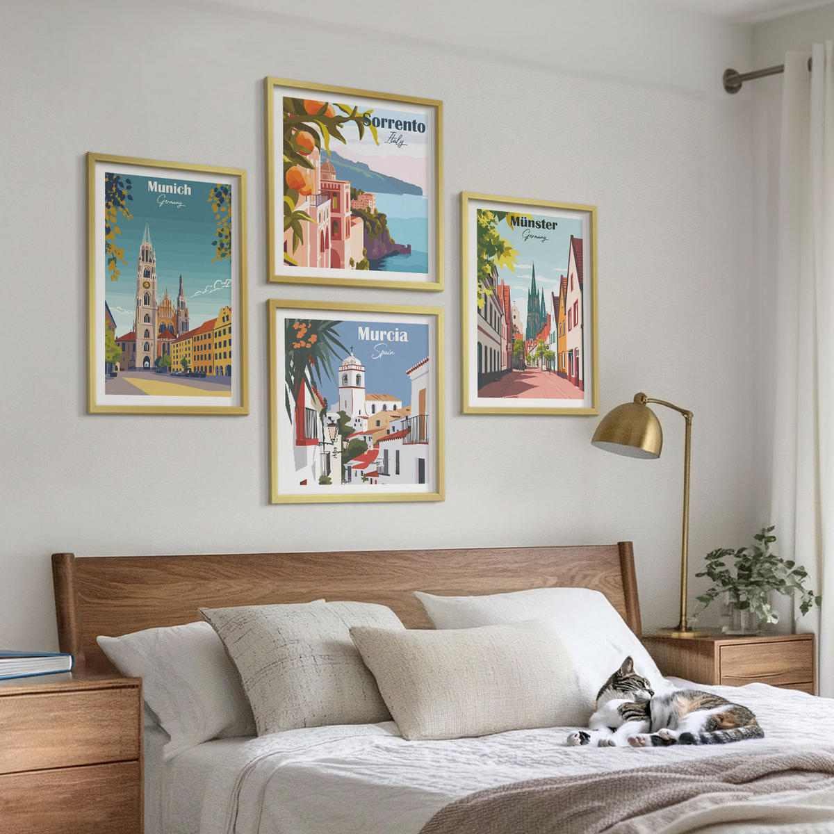 BILDER SET 4er Set - 50x50 cm & 40x60 cm Goldrahmen - Europäische Städte in farbigen Illustrationen - Goldfarben, Kunststoff (50/50cm) - TULUP