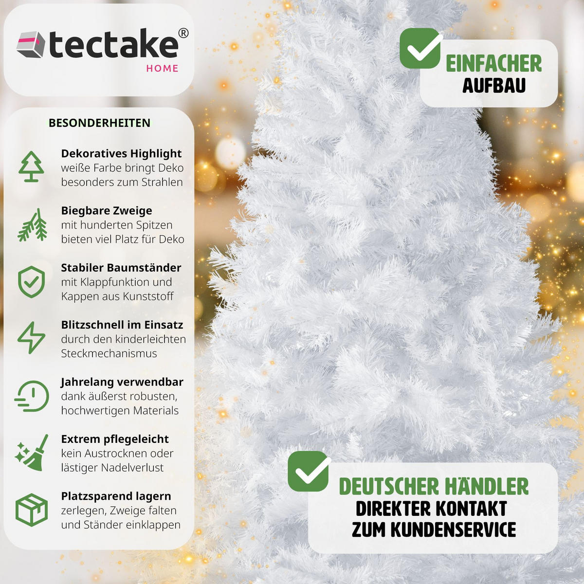 WEIHNACHTSBAUM ,inklusive Metallständer mit Kunststoffkappen,weiß - Weiß, Kunststoff (180cm) - tectake