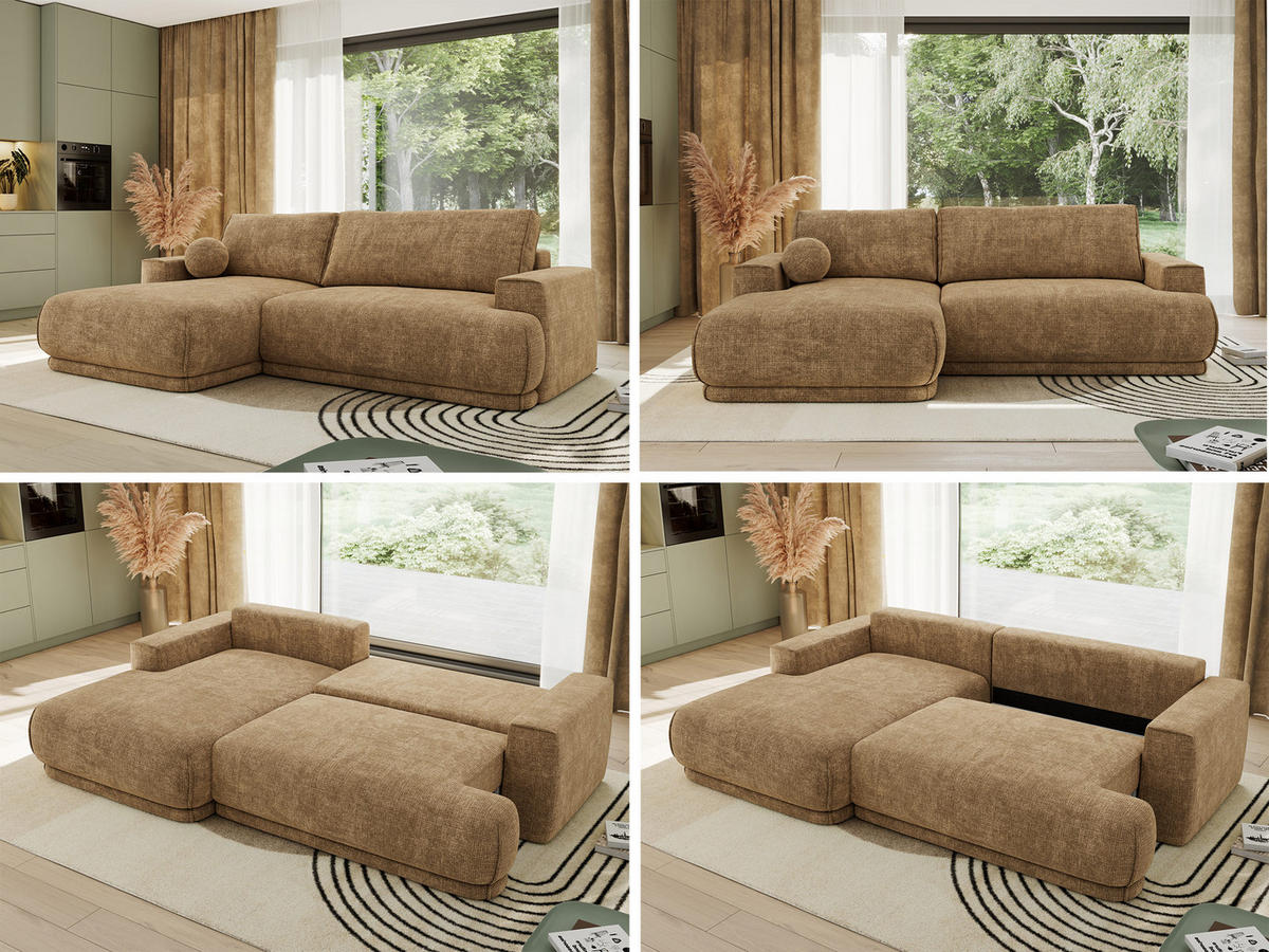 ECKSCHLAFSOFA RINA L Hellbraun Schenille grob gewebt - links - Hellbraun/Schwarz, Kunststoff/Textil (267/170cm) - MKS