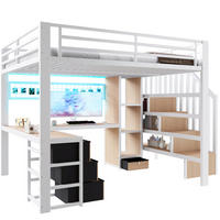 HOCHBETT 140/200 cm aus Metall mit LED, Schreibtisch, Stauraumtreppe, 4 Schubladen und Ablagefach, Weiß - Weiß, Metall (140/200cm) - Redom