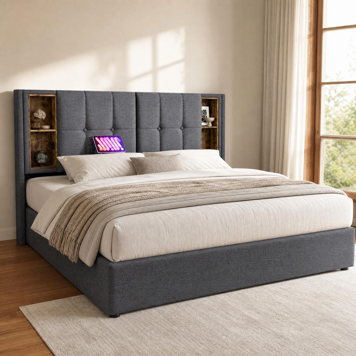 POLSTERBETT 160/200 mit Bettkasten, USB-C und kabellosem Laden in Grau - Grau, Holzwerkstoff/Textil (160/200cm) - EVRYAE