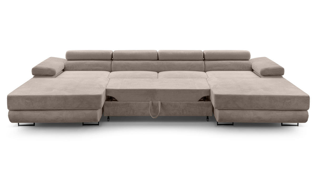 WOHNLANDSCHAFT Arborio Beige 352/202/90 cm mit Schlaffunktion - Beige/Schwarz, Textil/Metall (352/90/202cm) - AX Living