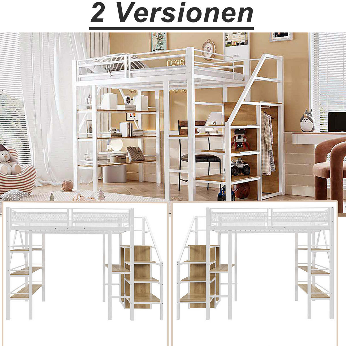HOCHBETT 140/200 cm Weiß aus Metall mit Schreibtisch und Kleiderschrank - Weiß, Metall (140/200cm) - OKMYHOME