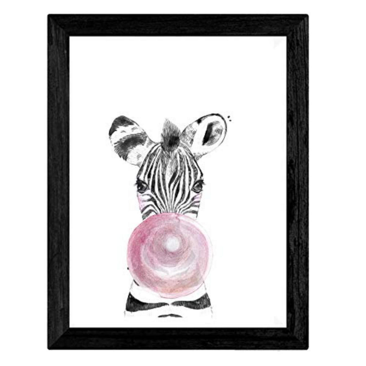 POSTER Set mit 4 Kinder Tiere mit rosa Kaugumm A3 Schwarzer Rahmen - Schwarz, Papier (29.7/3cm) - Nacnic