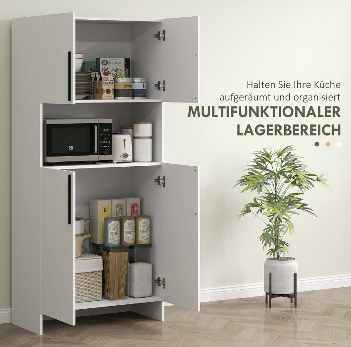 BUFFETSCHRANK 79/40/175 cm mit 2 Schränken, Mikrowellenablage und leisem Schließsystem, Weiß - Weiß, Holz (79/175/40cm) - Redom