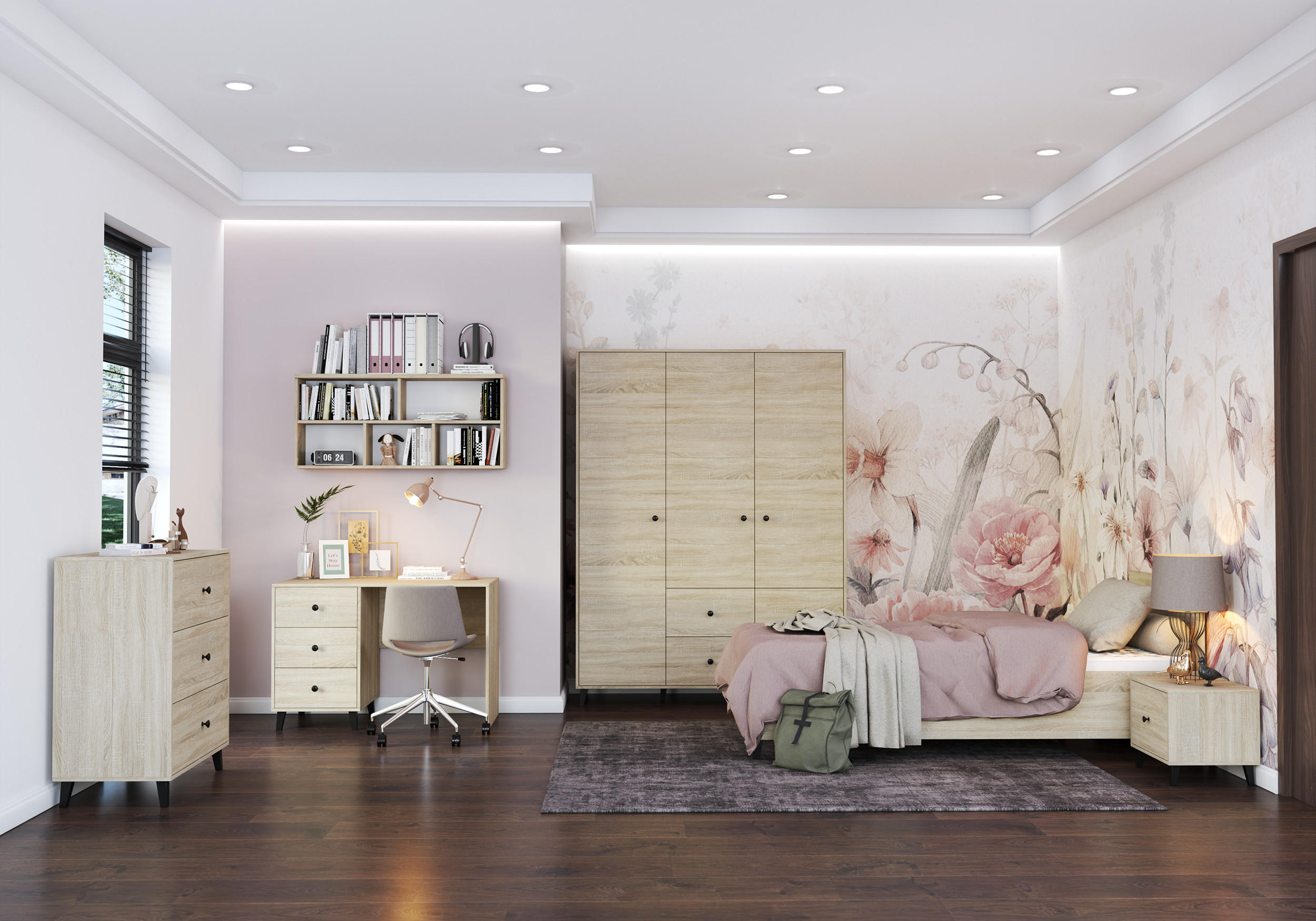 JUGENDZIMMER Mavaro in Sonoma Eiche mit Akzenten in Schwarz 6 teilig mit kleinem Kleiderschrank – Kinderzimmer Komplettset - Braun, Holzwerkstoff (80/200/120cm)