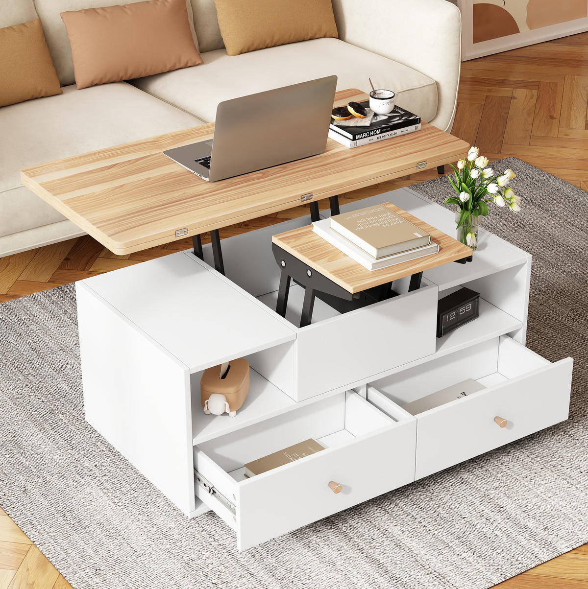 COUCHTISCH, höhenverstellbar & klappbar, 4 Schubladen, MDF mit Walnussplatte, 100/50/47,5–62 cm,Naturfarben - Naturfarben, Holzwerkstoff (100/50/47.5cm) - Redom
