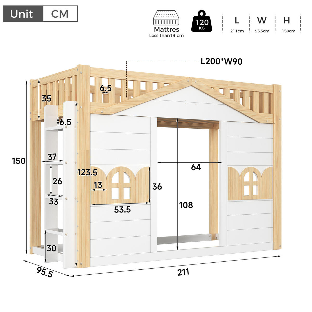 HOCHBETT 90/200 cm Weiß mit Fenster und Leiter ohne Matratze - Weiß, Holz (90/200cm) - MIVRAY