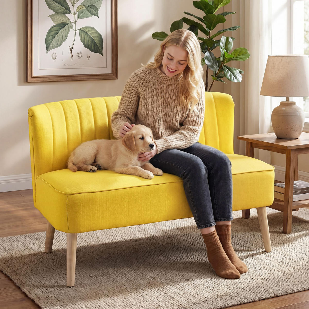 SOFA 2-Sitzer Couch Stoffsofa Sitzmöbel Polstersofa Loungesofa breit Gelb - Gelb/Naturfarben, Holz/Textil (56.5/77/117cm) - HOMCOM