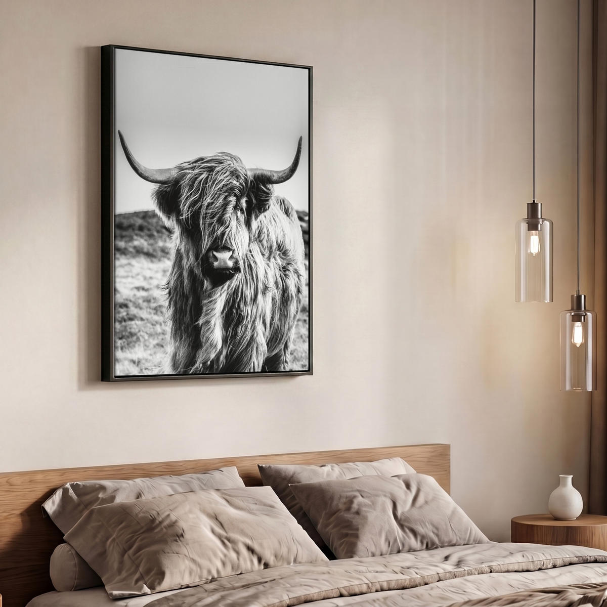 LEINWAND Bilder mit Rahmen - Kuh - Schottischer Hochländer - Schwarz - Weiß - Tier - Natur - Wildtiere - 70x100 - Schwarz, Textil (70/100cm) - MuchoWow