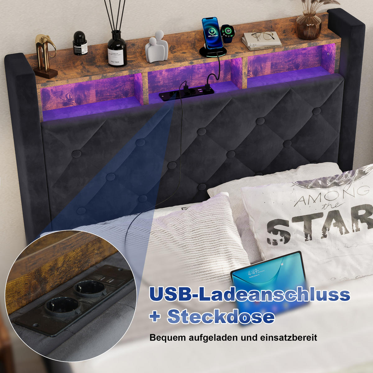 POLSTERBETT 90/200 cm in Grau, Samt, mit Bettkasten, USB, LED, ohne Matratze - Grau, Holzwerkstoff/Textil (90/200cm) - WISHDOR