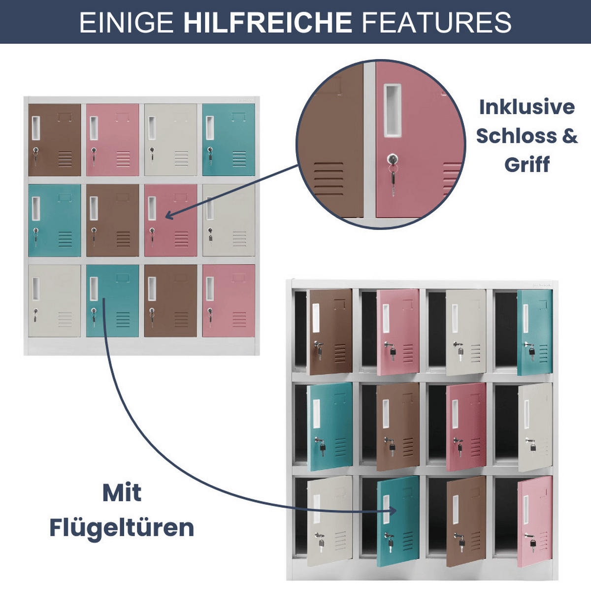 SCHLIESSFACHSCHRANK Spind Kindergarten ANNA 12 Fächer 120x109x45cm Pastellfarben - Pastellblau, Metall (109/120/45cm) - DELUKE