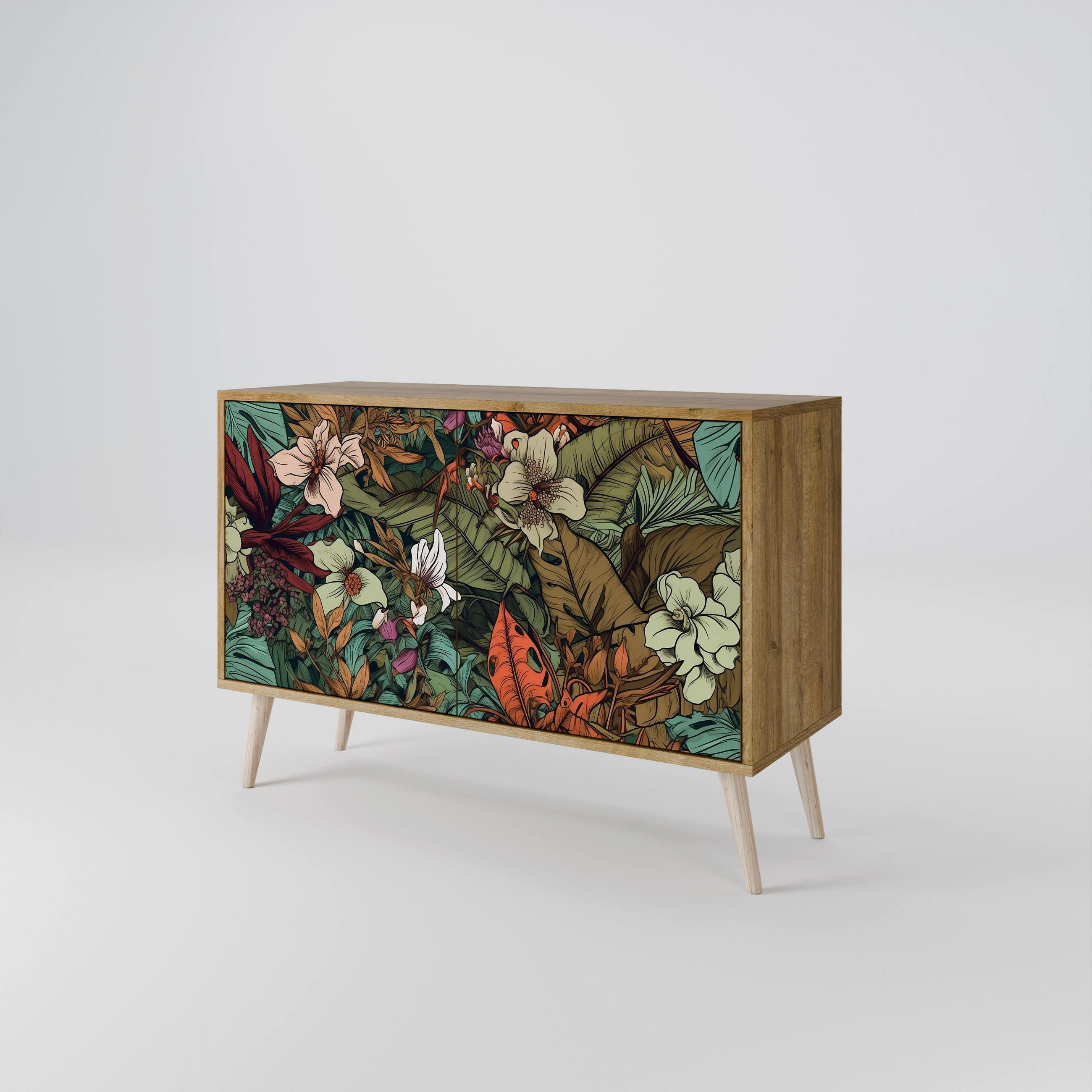 SIDEBOARD BOTANICAL EMERGENCE, Eicheneffekt, 111x42x77,5 cm, 2 Türen - Eichefarben/Buchefarben, Holzwerkstoff/Buchenholz (111/77.5/42cm) - SpaceRebels