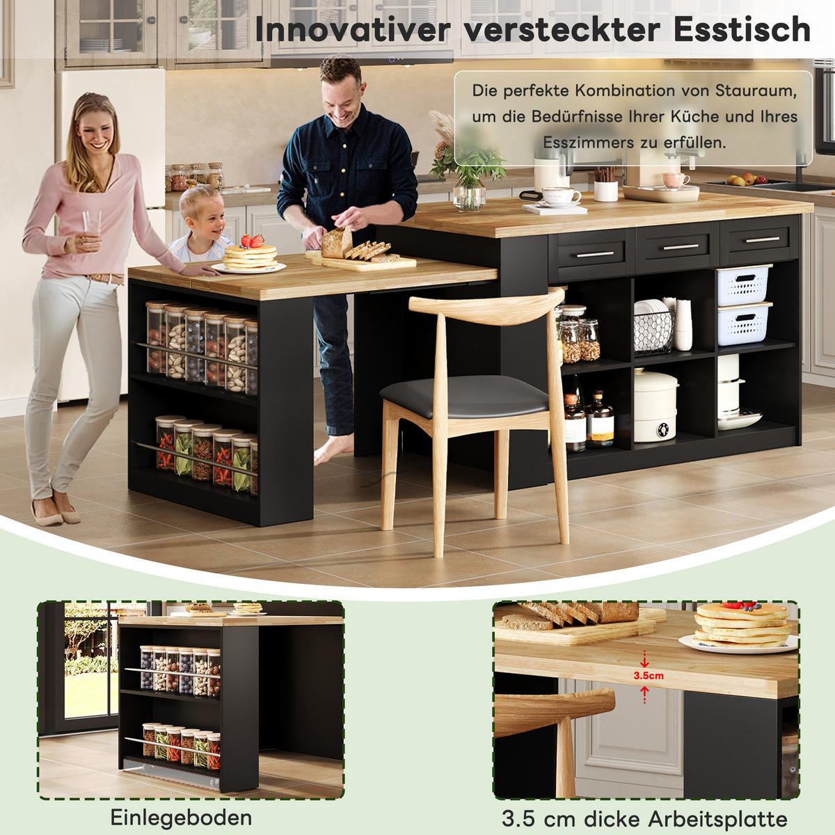 KÜCHENINSEL 150/90/90 cm Schwarz mit 3 Schubladen und integrierte Stauschränke - Schwarz, Holz (90/90/150cm) - Oxeza