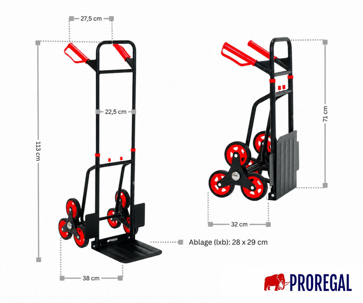 TREPPENSTEIGER Sackkarre Taurus 120 113x38x55cm Traglast 120kg Griff, Klappbar, Stahl Rot-Schwarz - Schwarz, Metall (55/38/113cm) - PROREGAL