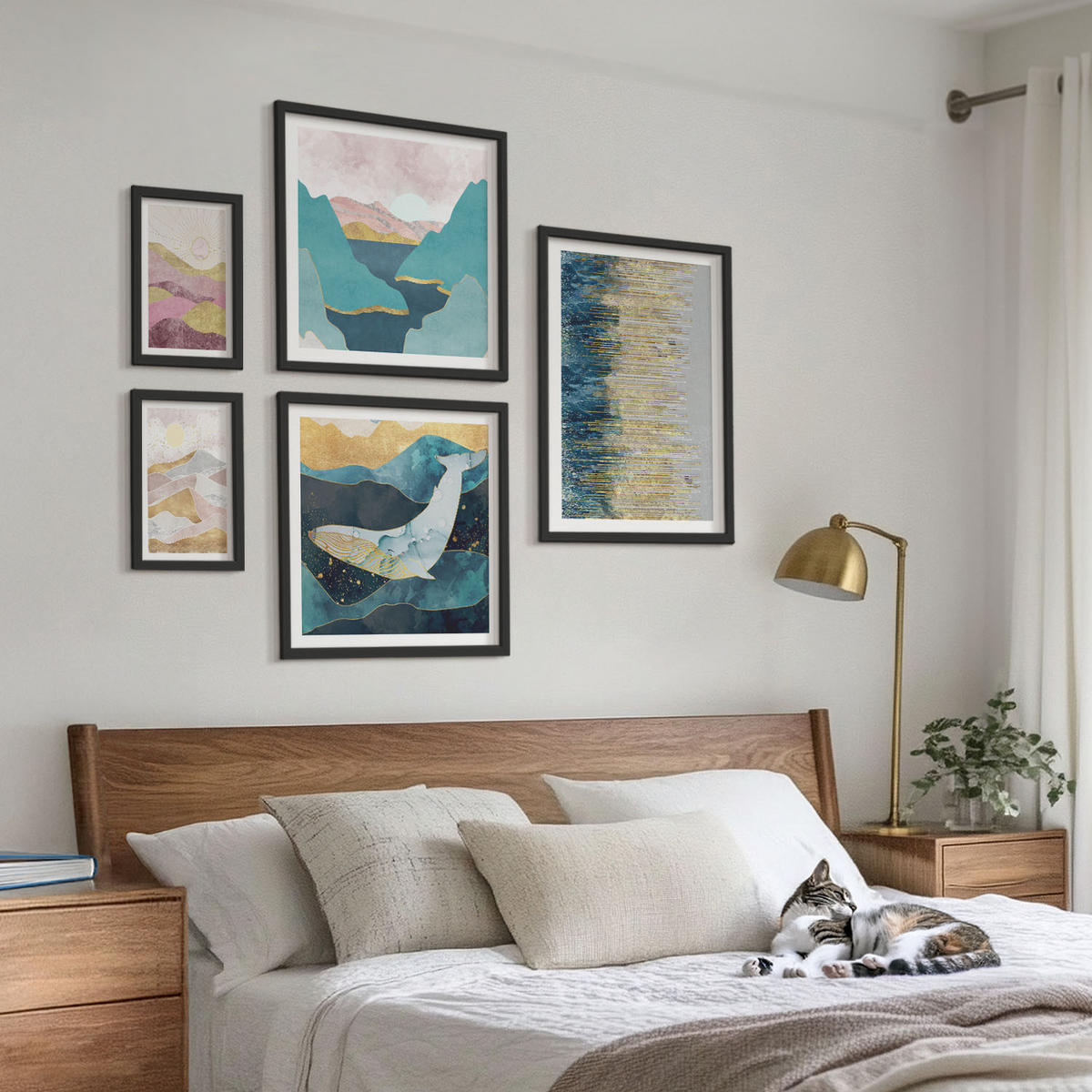 WANDBILDER 5er-Set - 50x50 cm & 20x30 cm & 40x60 cm Schwarzer Rahmen - Abstrakte Berge Sonne - Schwarz, Kunststoff (40/60cm) - ArtPrintCave
