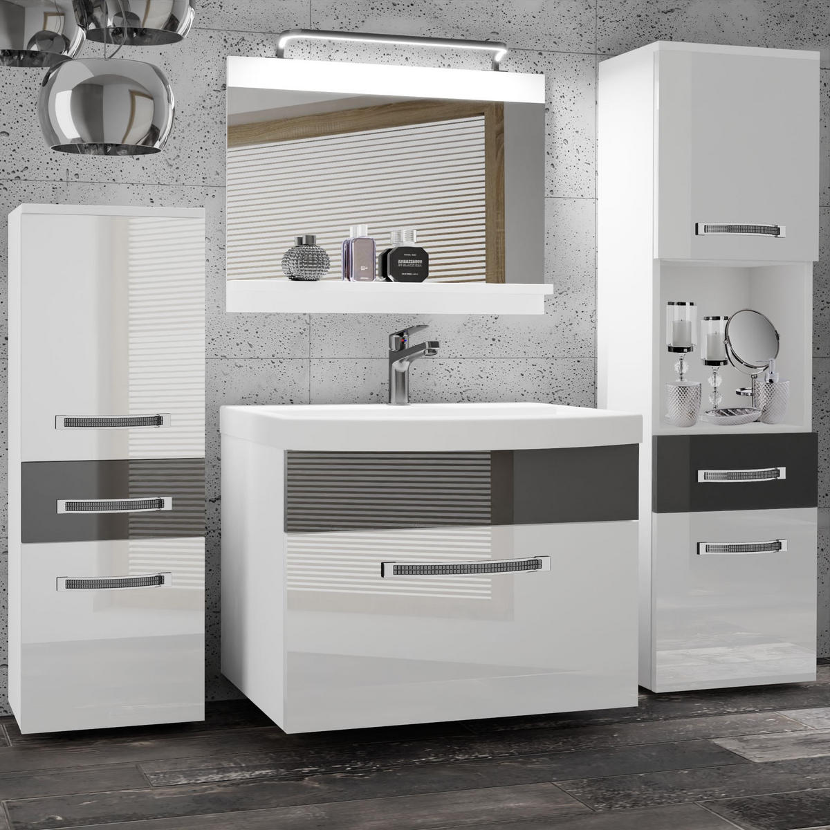 BADMÖBEL Badezimmer Weiß Silber Glänzend - Silberfarben/Weiß, Holz (140/113/40cm) - B BELINI GROUP