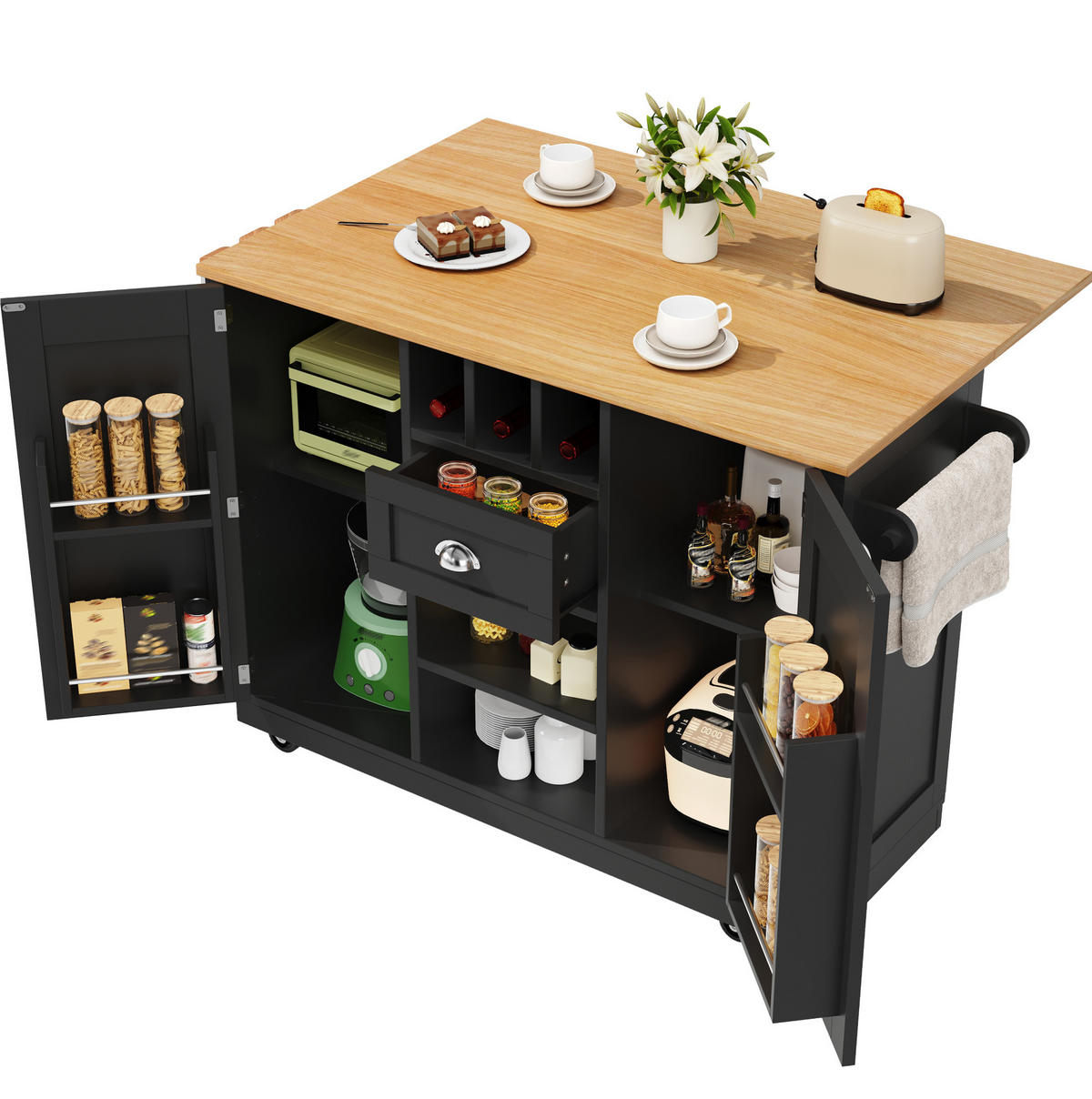 KÜCHENINSEL mit Rollen und Klappseiten 140 x 70 cm Schwarz - Schwarz, Holz (40/93.5/140cm) - Beauniv