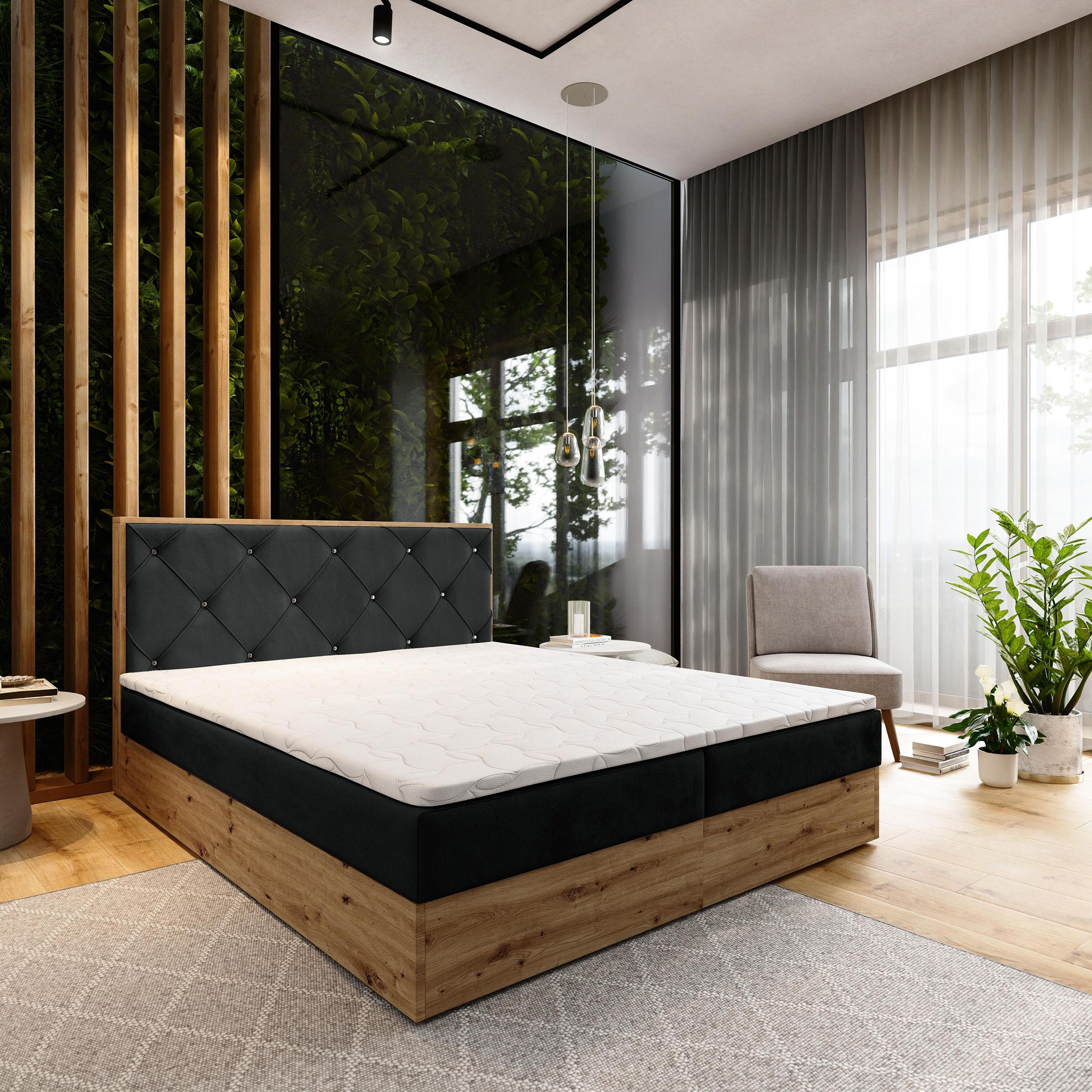 BOXBETT FOSCO 160x200 cm mit Matratze und Topper - Schwarz - Schwarz, Holz (160/200cm) - MASSENO