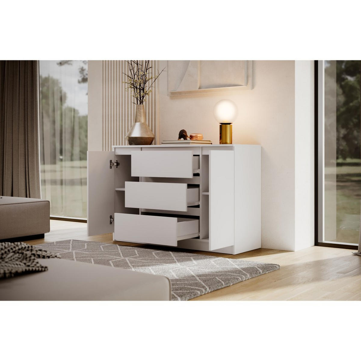 KOMMODE Lemon 140 cm mit zwei Türen und drei Schubladen Weißmatt - Weiß, Holzwerkstoff (140/78/39cm) - Beautysofa