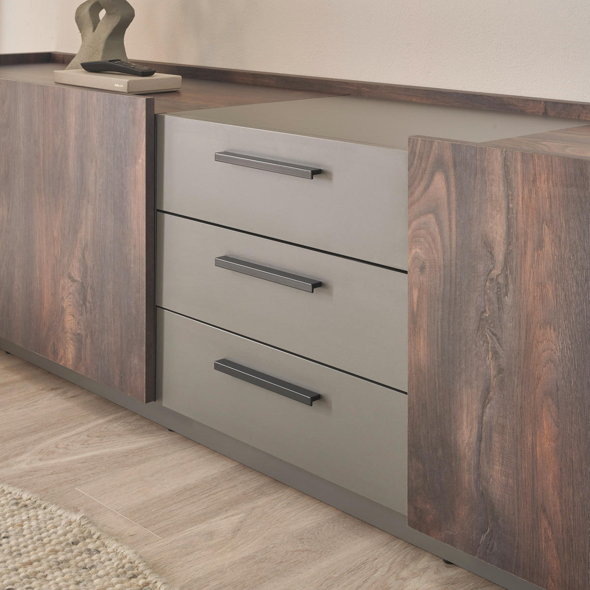 WOHNWAND Thermo Eiche, grau, Wohnkombination 3-teilig mit Soft-Close 300 x 200 cm - Eichefarben/Grau, Holzwerkstoff/Metall (300/200/45cm) - Furn.Design