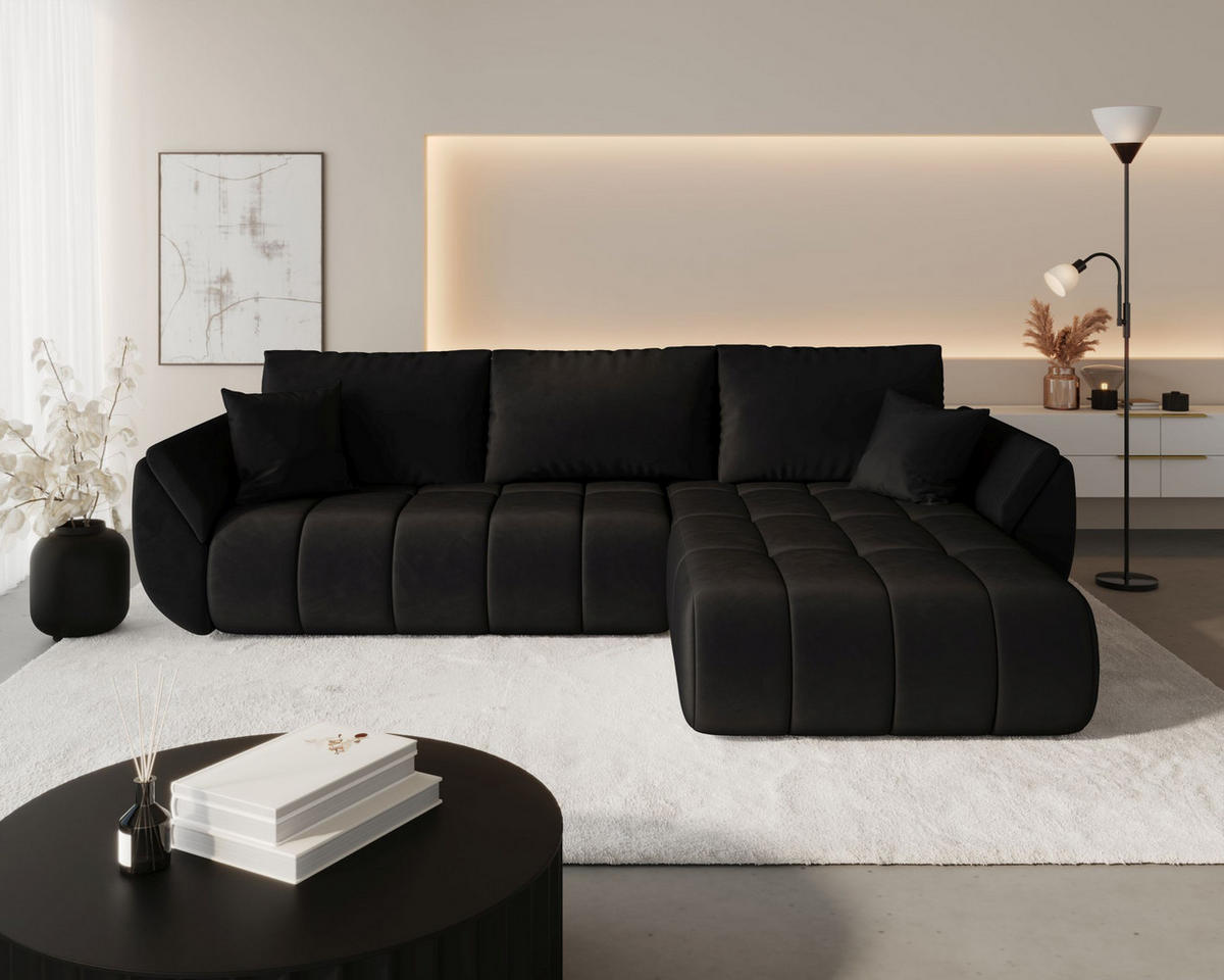 ECKSOFA SYDNEY PREMIUM rechts schwarz Velours Monolith 97 - Schlaffunktion, Bettkasten - Schwarz, Textil (280/185cm) - Cornero