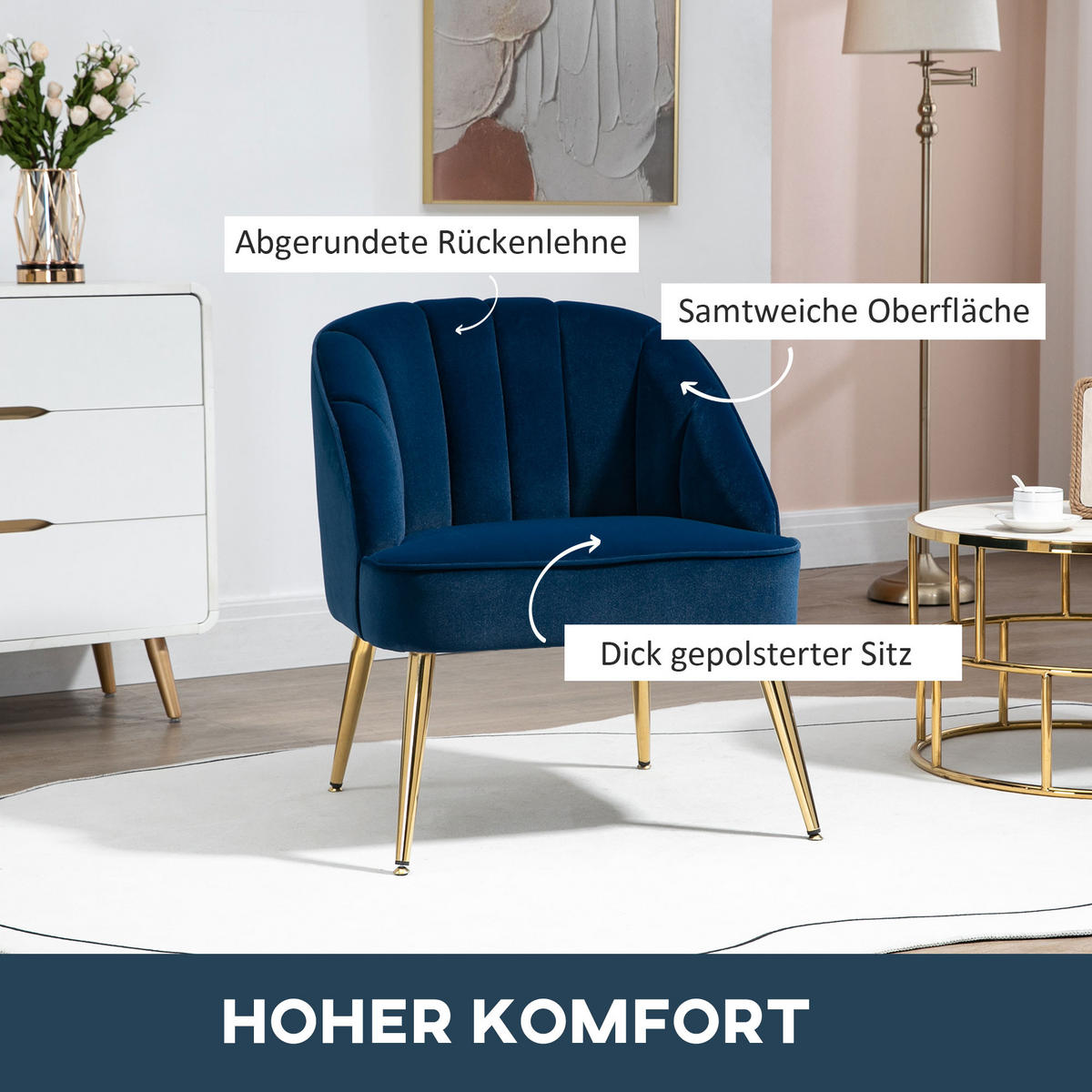 OHRENSESSEL Loungesessel Polstersessel mit Samtoptik Relaxsessel für Wohnzimmer - Blau, Kunststoff (64/77/65cm) - HOMCOM