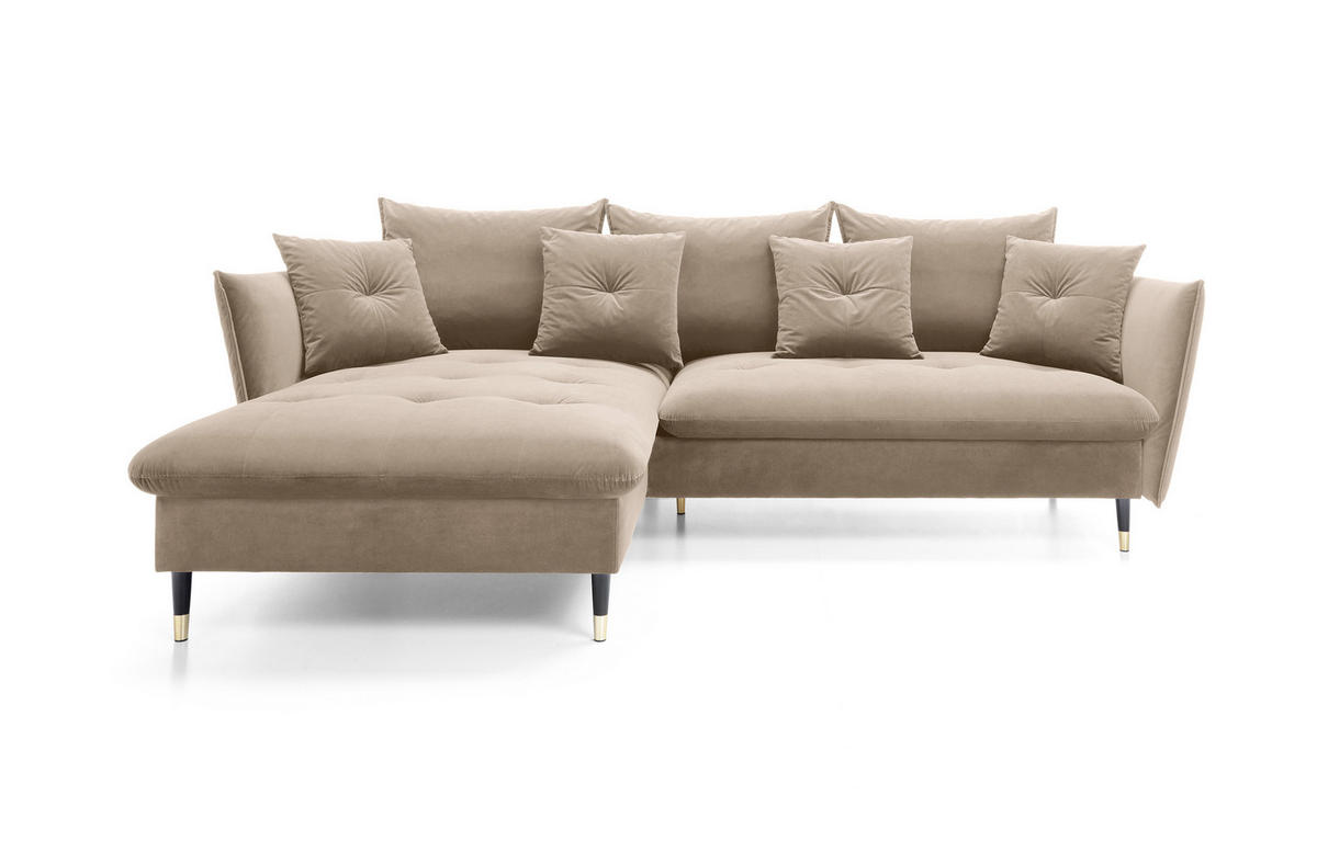 ECKSOFA GLAM mit Schlaffunktion, Ottomane & goldenen Füßen – Samtsofa im Glamour-Stil mit Zierkissen, 258x167x91cm, Linke, BEIGE - Beige, Holz/Textil (167/258cm) - DomoHome