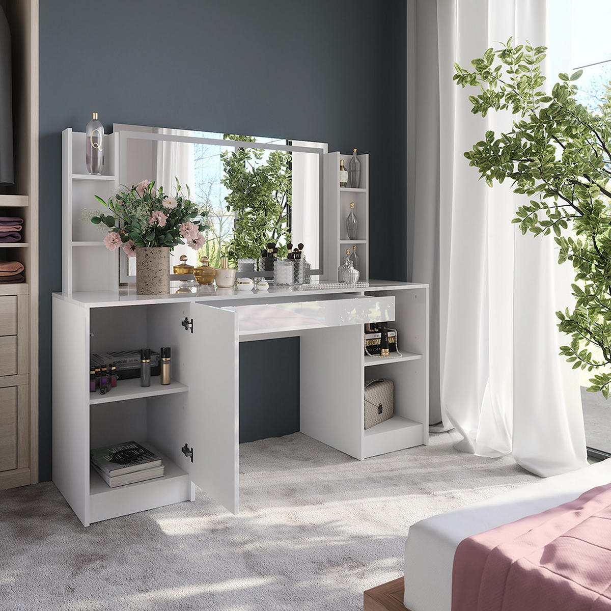 SCHMINKTISCH Sherry Weiß/Weiß Hochglanz 158.2 cm 4 Teile - Weiß Hochglanz, Holzwerkstoff (158.2/76/50.1cm) - Vicco