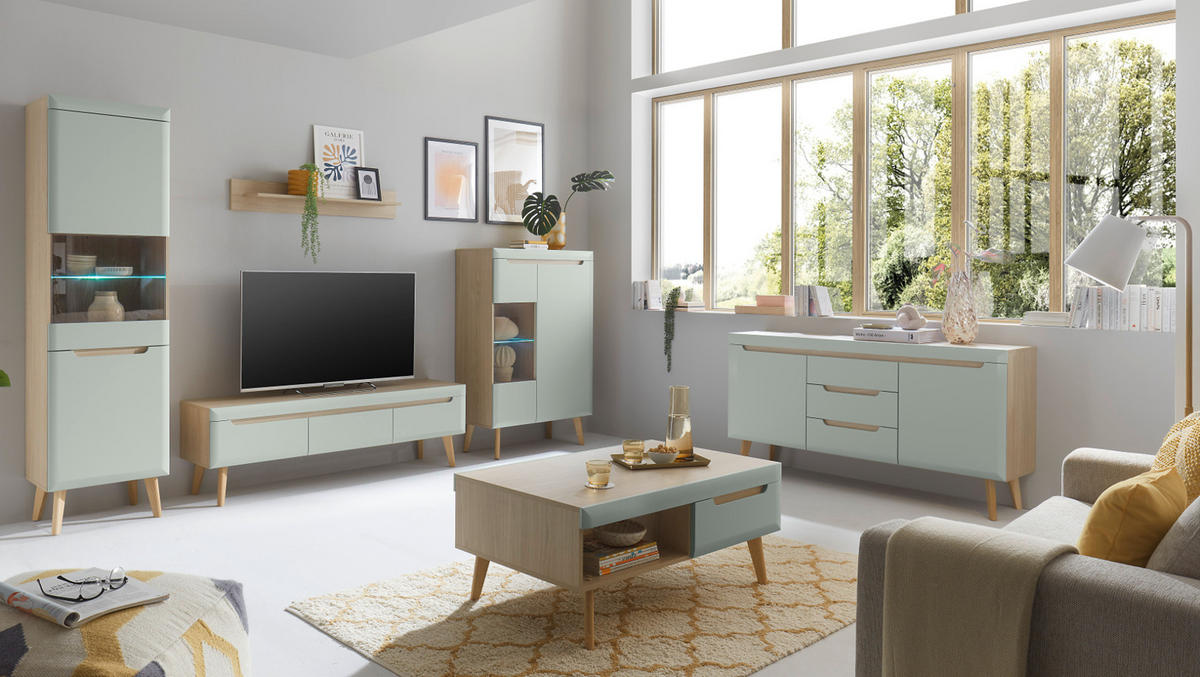 WOHNWAND 3-teilig pistazie grün, Eiche, skandinavisch 270 cm, Schrankwand mit Soft-Close-Funktion - Eichefarben/Pastellgrün, Glas/Eichenholz (270/170/40cm) - Furn.Design
