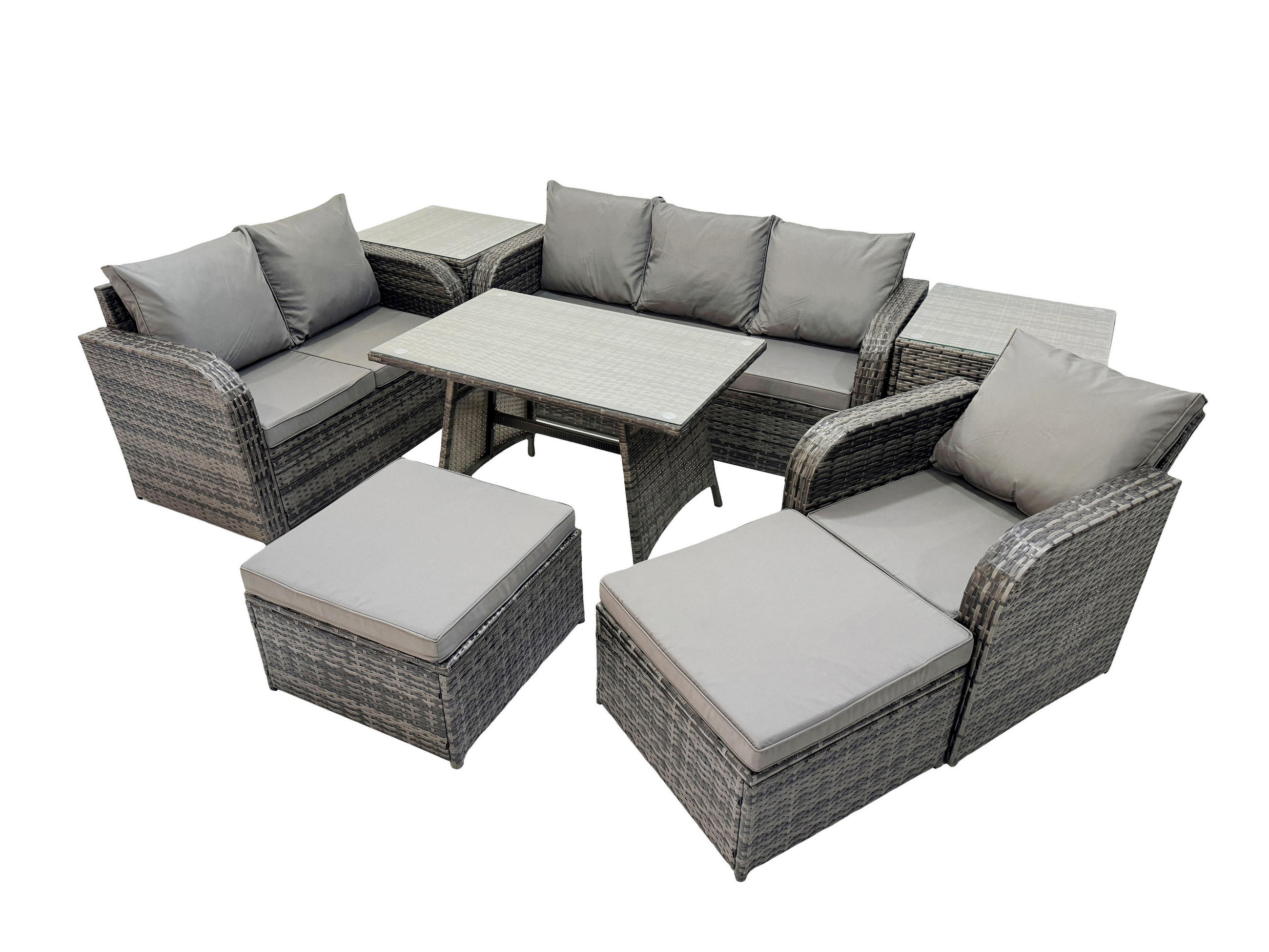 GARTENMÖBEL SET Polyrattan Dunkelgrau 8-Sitzer - Dunkelgrau/Grau, Glas/Kunststoff - Fimous