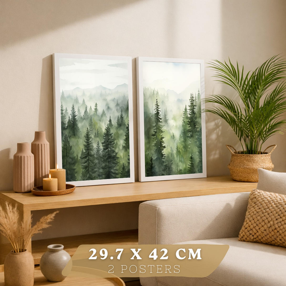 PLAKAT Sada 2 dekorativních tisků Nordic Forest Landscape Moderní obývák Obrázky - Zelené dekorativní plakáty Dekorace Obývací pokoj A3 Bílý rám - bílá, papír (29.7/42/3cm) - Nacnic