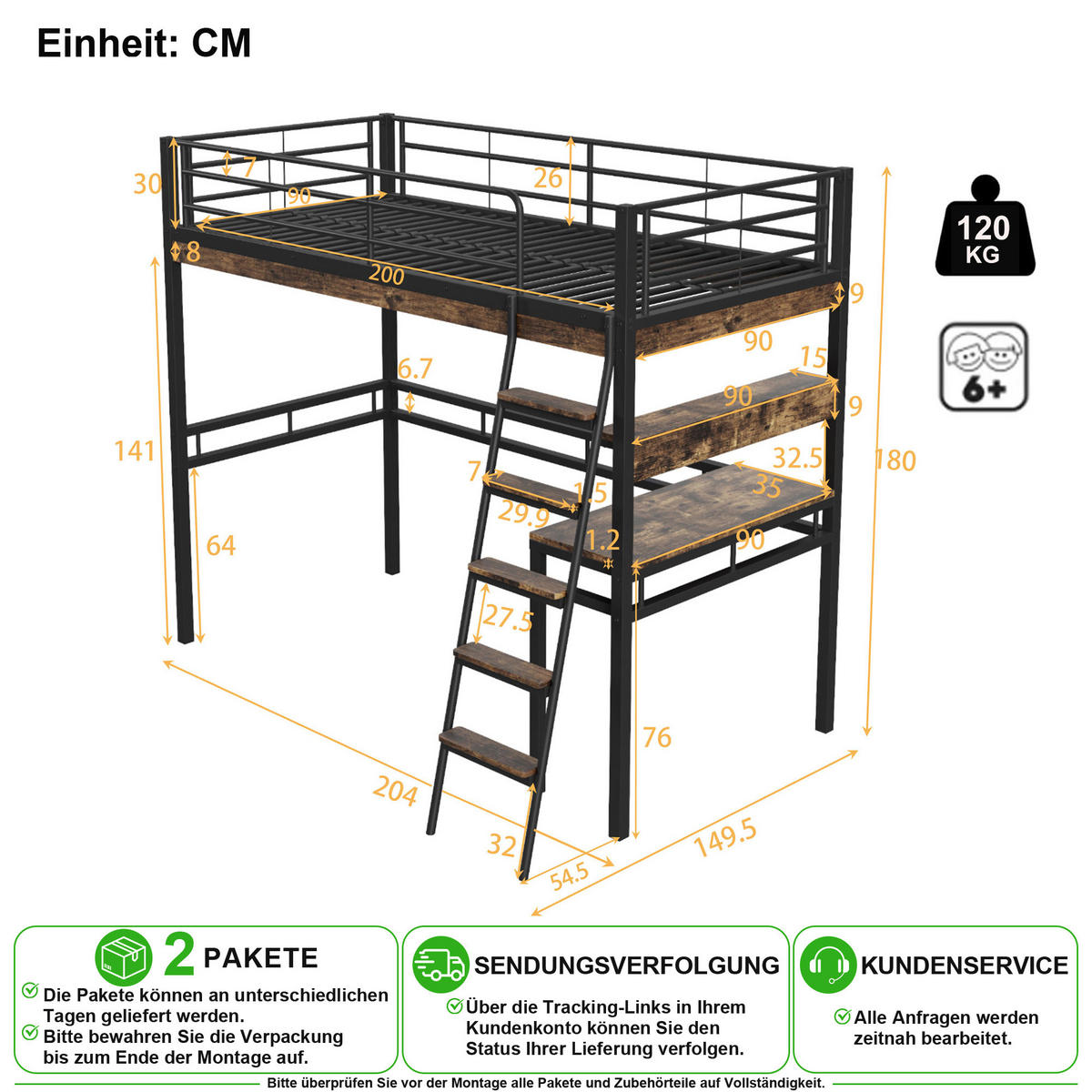 VYVÝŠENÁ POSTEL 90/200 cm v černé barvě s psacím stolem a policemi - černá, kov/kompozitní dřevo (90/200cm) - CHICFURN