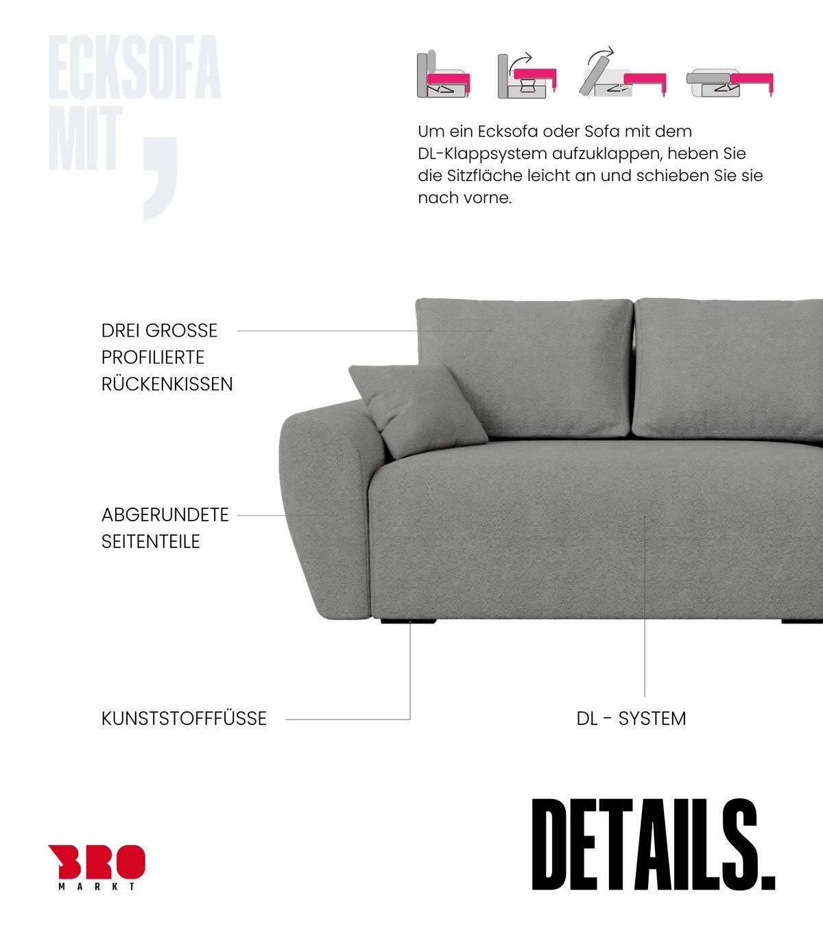 ECKSOFA Rotterdam mit Schlaffunktion Grau Bouclé - Grau, Textil (238/141cm) - Bromarkt