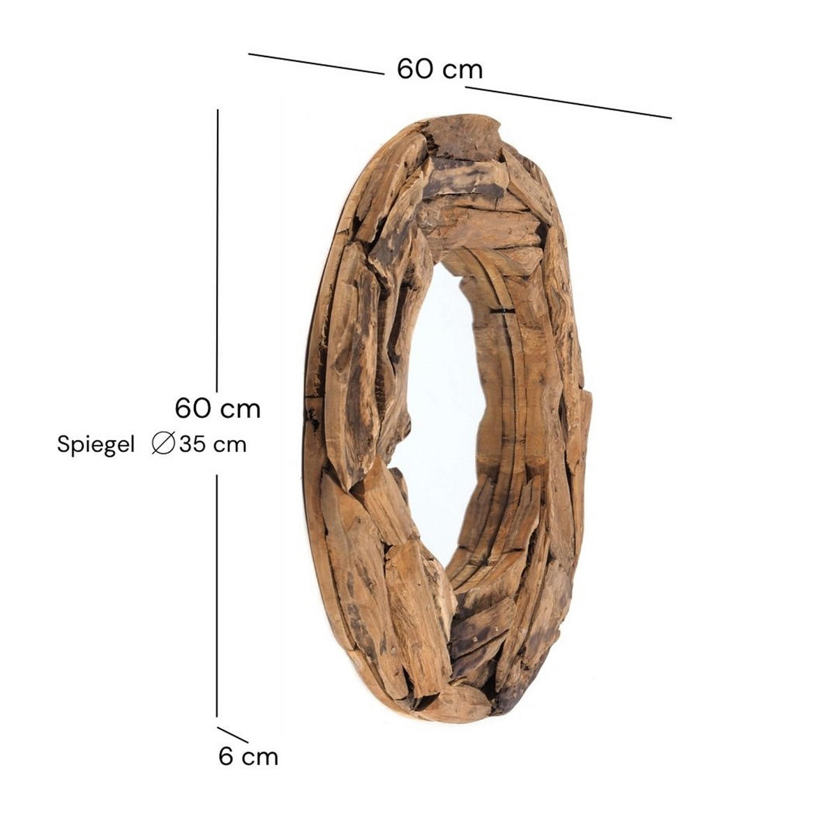 WANDSPIEGEL TEAK 60 Teakholz (erodiert) naturfarben - Naturfarben, Holz (60/60/6cm) - DESIGN DELIGHTS