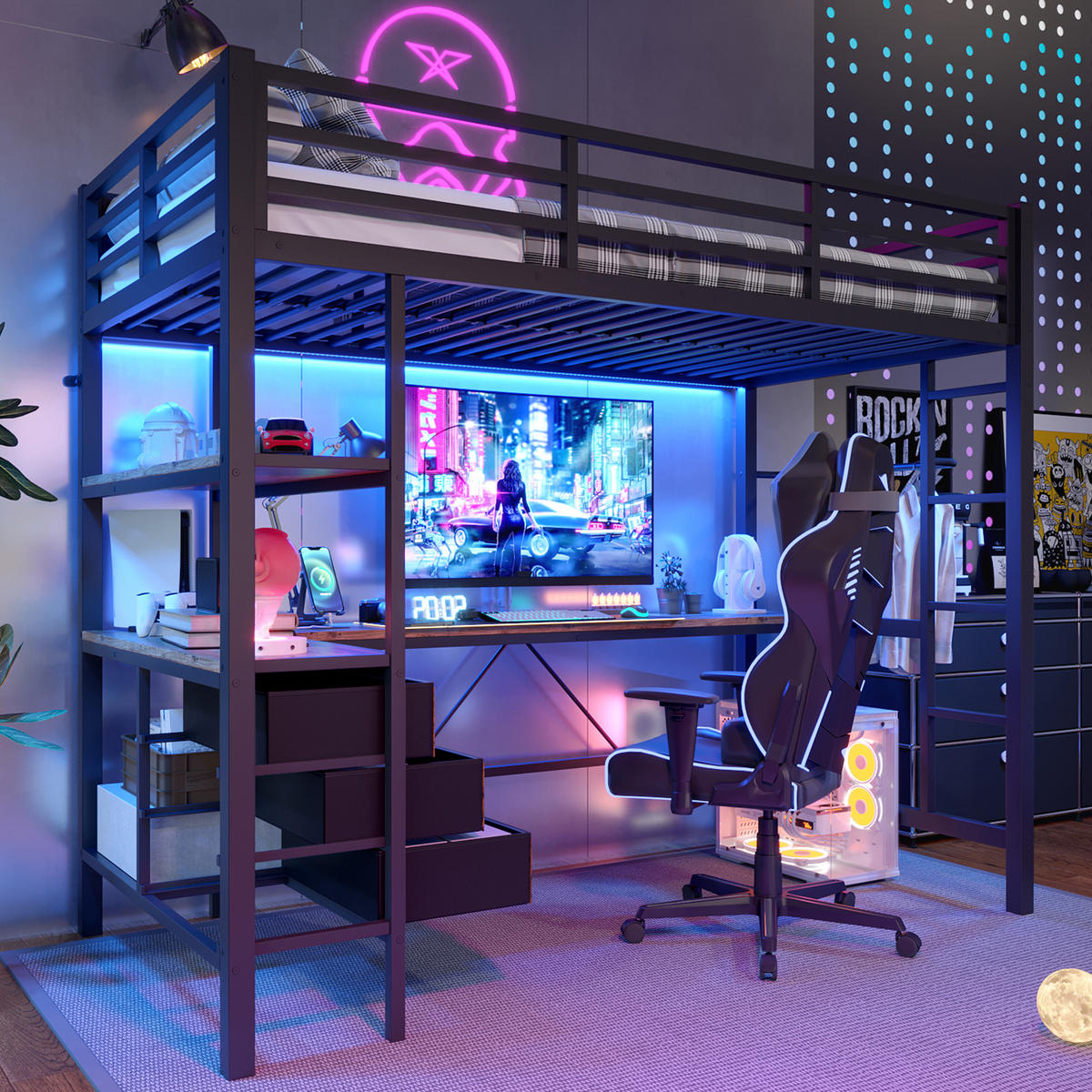 HOCHBETT 90x200cm Schwarz LED-Licht Schreibtisch Steckdose USB 3 Schubladen - Schwarz, Metall (90/200cm) - FLIEKS