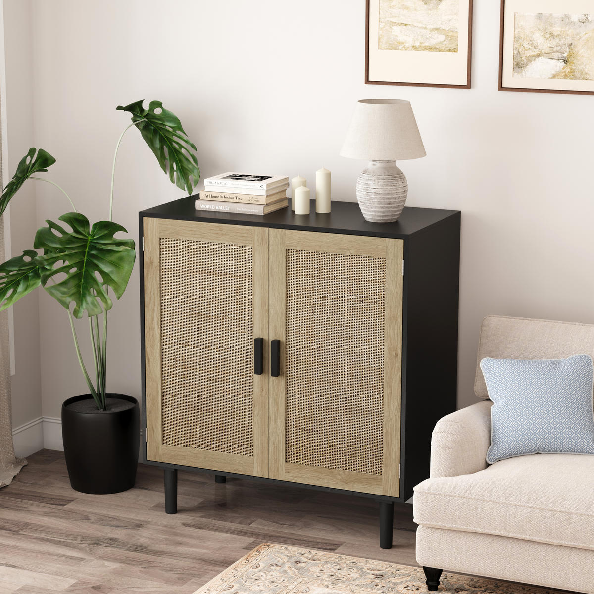 SIDEBOARD in Schwarz mit zwei Rattan-Türen für Wohnzimmer, Esszimmer und Diele, B80/T40/H88 cm - Schwarz/Naturfarben, Holzwerkstoff (80/88/40cm) - STILVORA