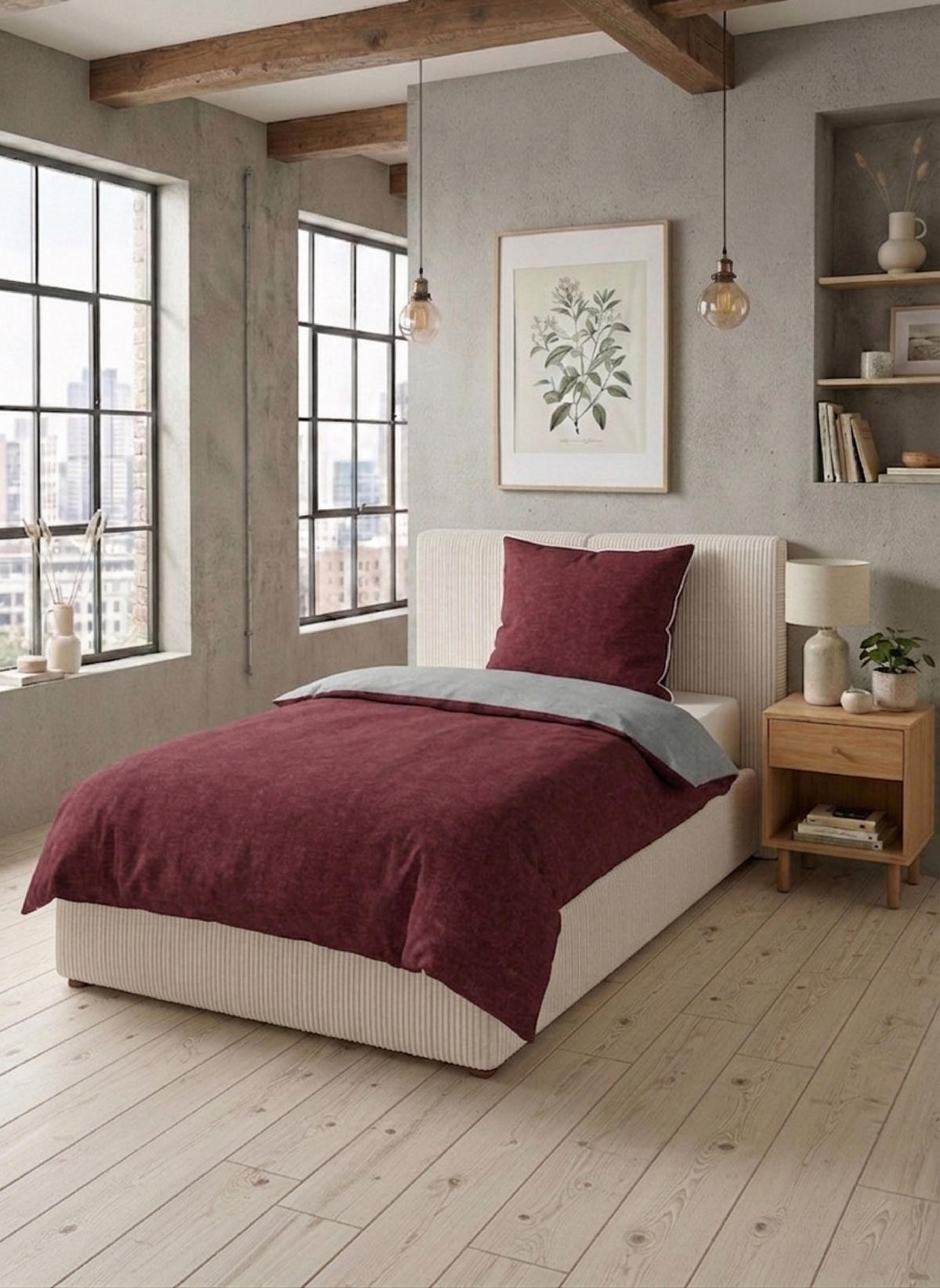 BETTWÄSCHE-GARNITUR Premium Biber Melange UNI burgund, 200x200 cm + 80x80 cm - Bordeaux, Textil (200/200cm) - biberna