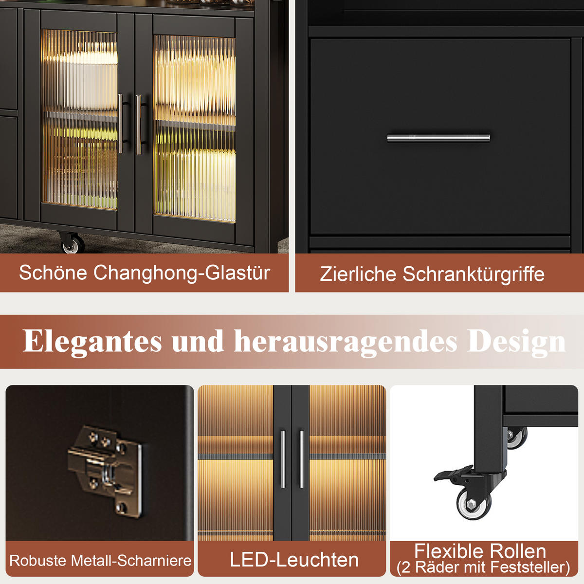 KÜCHENINSEL in Schwarz Küchentisch mit Holzmaserung, Glasvitrine, LED, Rollen,Handtuchhalter und Stauraum,B139/T65/H94cm - Schwarz, Glas/Holzwerkstoff (139/94.5/65cm) - STILVORA