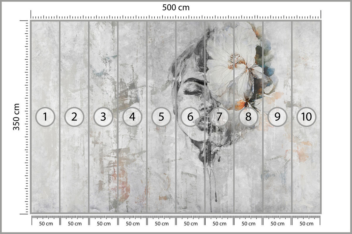 FOTOTAPETE für Schlafzimmer Frau Porträt Blume Beton Abstraktion 500x350 - Blau/Orange, Papier (500/350cm) - Muralo