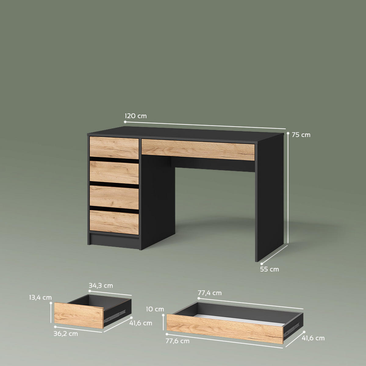 SCHMINKTISCH Imola Anthrazit/Goldkraft Eiche ohne Spiegel - Anthrazit/Eiche Wotan, Holzwerkstoff (55/120/75cm) - Livinity®