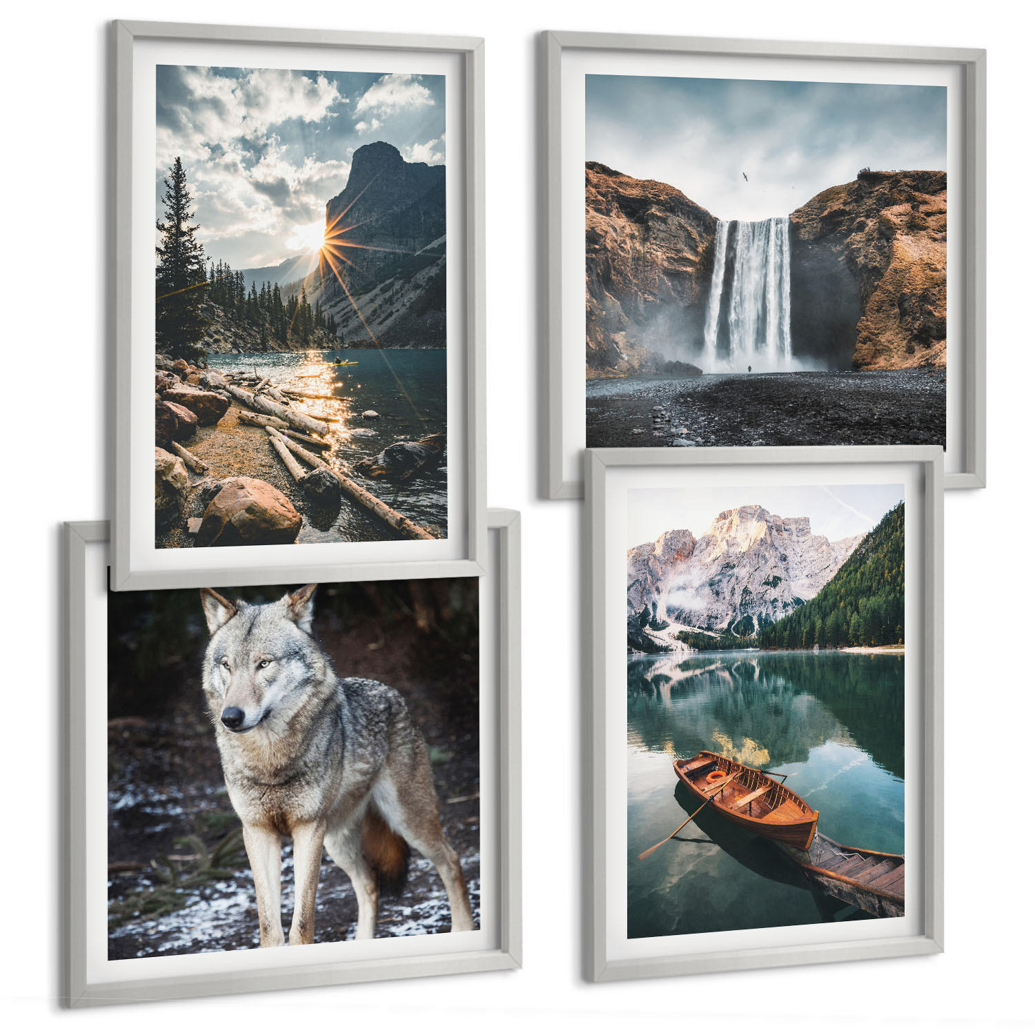 BILDER SET 4er Set - 50x50 cm & 40x60 cm Silberner Rahmen - Berge, Seen, Wasserfall, Wolf - Silberfarben, Kunststoff (50/50cm) - TULUP