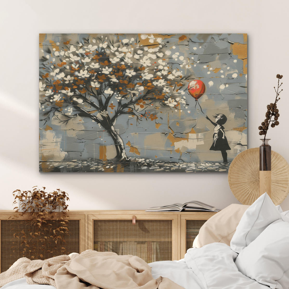 AKUSTIKPANEEL Baum - Graffiti - Banksy-Stil - Ballon-Mädchen 100x70 cm - Blaugrau, Textil (100/0.9/70cm) - MuchoWow